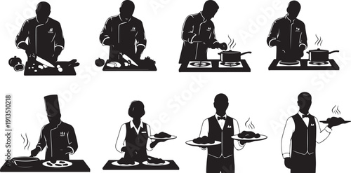 Silhouettes of chefs and waiters in various kitchen actions