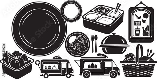 Food icons and kitchen utensils in black and white