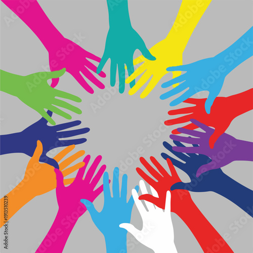 A circle of colorful hands reaching toward the center