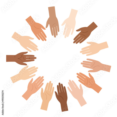 A circle of various hands, representing togetherness and diversity, on white