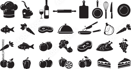 Food and kitchen utensils icons in black and white