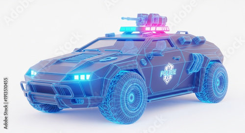 Futuristic Police Car with Neon Lights and Wireframe Design.