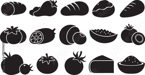 Food icons set with bread and fruit silhouettes collection