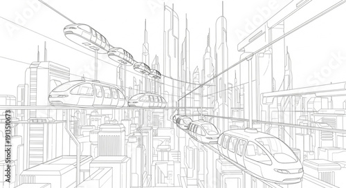Abstract sketch of a bustling city street with tall buildings.