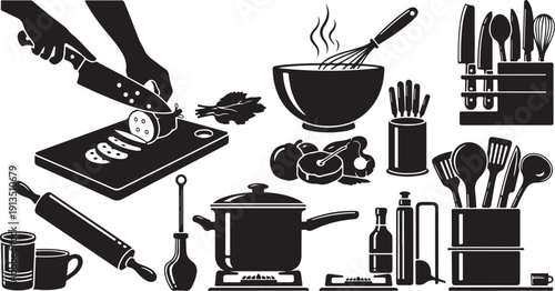 Cooking essentials and utensils for food preparation illustration