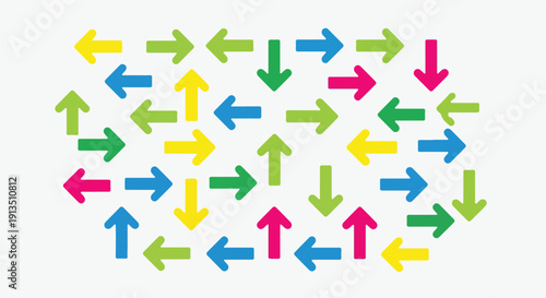 A cluster of colorful arrows pointing in various directions on white background