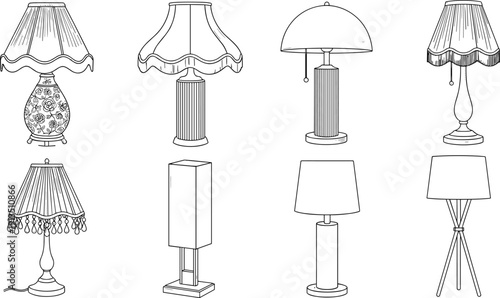 Set of table lamp and floor lamp line art illustrations featuring classic and modern lighting designs isolated on white background for interior decor