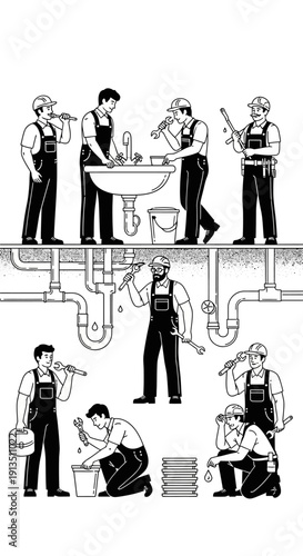 Plumbers Working on Pipes and Sinks: Repair and Maintenance Team