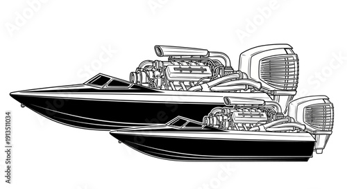Powerful Speedboat with Twin Engines and Superchargers, Vector Illustration