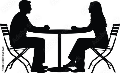 Silhouette of man and woman sitting at table talking, couple conversation illustration isolated on white background for relationship and communication concept