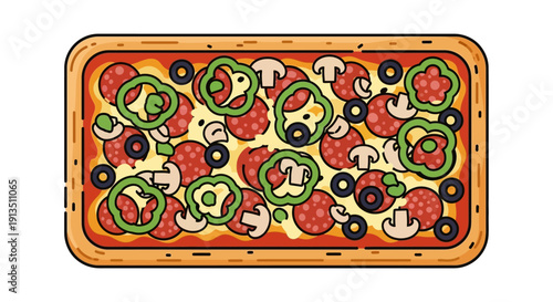 Rectangular Pepperoni Pizza with Mushrooms and Olives, Top View