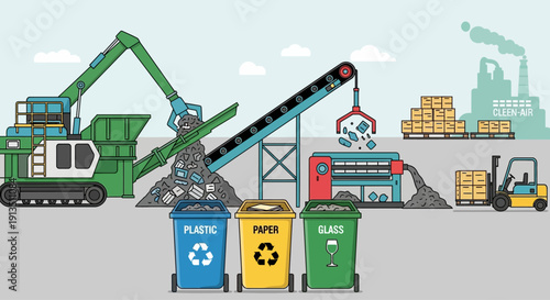 Recycling plant with machinery, conveyor belts, and bins for plastic, paper, and glass.