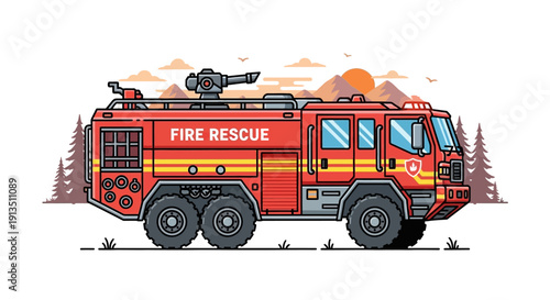 Red Fire Rescue Truck with Water Cannon in Pixel Art Style, Mountains and Trees Background