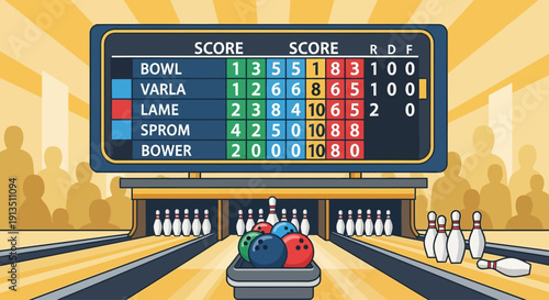 Retro Bowling Alley Scoreboard and Pins, Vintage Game Night
