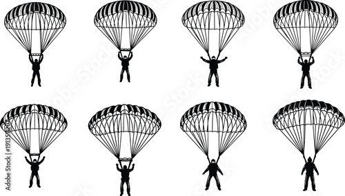 Vector silhouette set of skydiver paraglider icons with open parachutes descending in different poses isolated on white background for extreme sports and adventure design