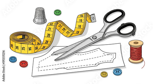 Sewing Supplies: Scissors, Tape Measure, Thimble, Buttons, Thread, and Pattern