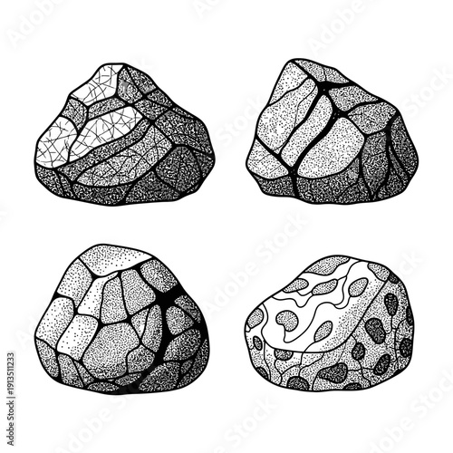 Set of 4 Hand-Drawn Textured Rocks, Stones, Pebbles with Geometric Patterns