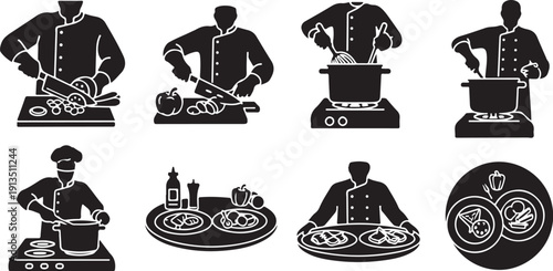 Silhouette icons of chefs cooking and preparing food