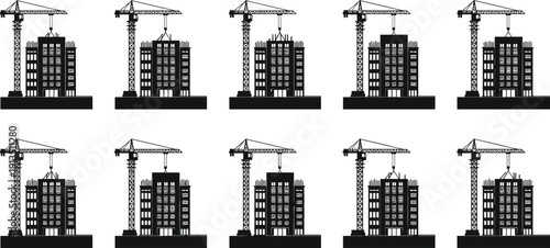Vector silhouette set of construction cranes building residential apartments on urban site showing different stages of architecture development for engineering and industrial housing projects