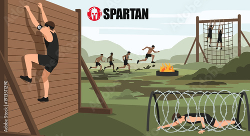 Spartan Race obstacle course with athletes climbing wall, crawling under barbed wire