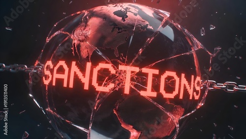 Digital Globe with Illuminated Sanctions Text and Chain