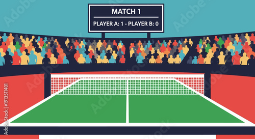 Tennis Match Scoreboard Stadium Crowd Green Court Sports Competition