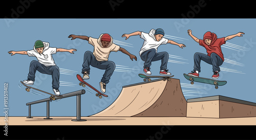 Teenagers skateboarding and performing tricks at a skatepark, dynamic action shot