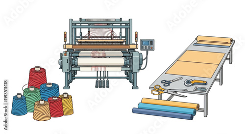 Textile Manufacturing: Loom, Threads, Fabric Rolls, Cutting Table, Scissors