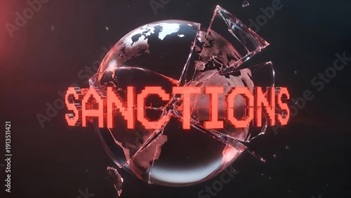 Breaking Globe with Shattered Glass and Red Sanctions Text