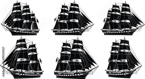 Vintage tall sailing ships silhouette set with detailed masts and sails, classic pirate galleon vessels isolated 