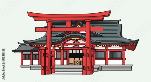 Traditional Japanese Shrine With Red Torii Gate, Architectural Illustration