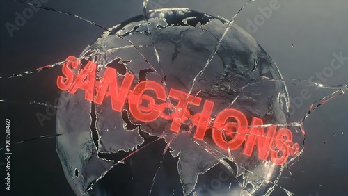 Broken glass with illuminated 'Sanctions' text in red