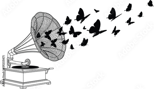Vintage gramophone playing butterflies concept illustration symbolizing music freedom, creativity and imagination in black and white line art isolated on background
