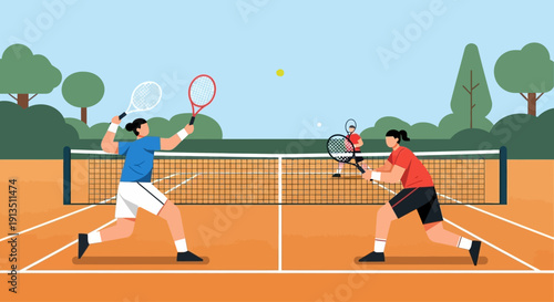 Two tennis players competing on a clay court, hitting a ball during a match.