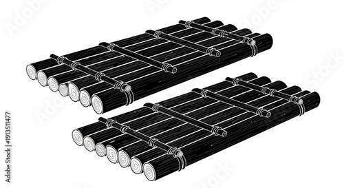 Two Traditional Bamboo Rafts Tied Together for Transport or Floating