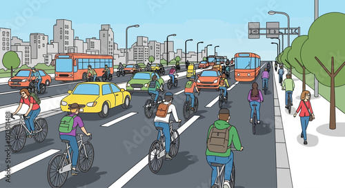 Urban cycling: Cyclists and cars share busy city street, promoting eco-friendly transport.
