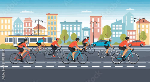 Urban Cycling Race: Cyclists Compete on City Street with Tram and Buildings