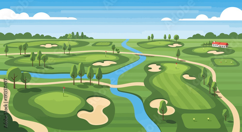 Vibrant Golf Course Landscape with Waterways and Greens