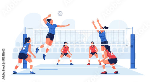 Volleyball Game Action: Women Players Competing on Court, Dynamic Sport Illustration