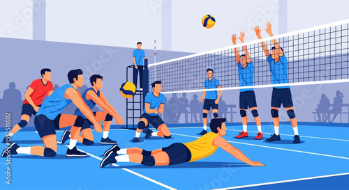 Volleyball game in progress with players competing on blue court