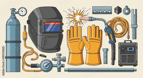 Welding Equipment Set: Mask, Gloves, Gas Cylinder, Welder Machine, Tools