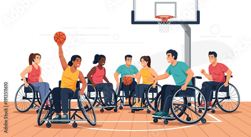 Wheelchair Basketball Team Playing Game on Court, Diverse Athletes Competing