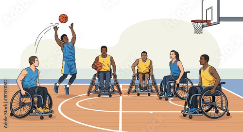 Wheelchair basketball game, athletes competing in a sports match on court