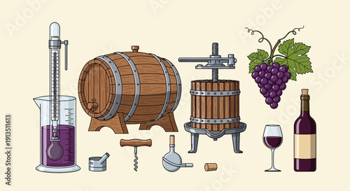 Winemaking Equipment and Ingredients: Barrel, Press, Grapes, Bottle, Glass, Thermometer