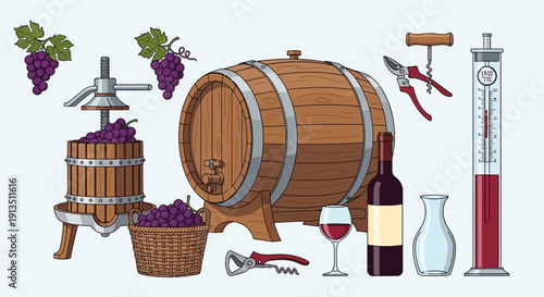 Winemaking process: grapes, barrel, press, wine bottle, glass, tools, hydrometer