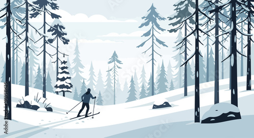Winter Forest Skiing: Lone Skier Navigates Snowy Trail Amidst Pine Trees