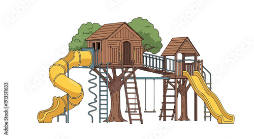 Wooden Treehouse Playground with Slides and Swings for Kids