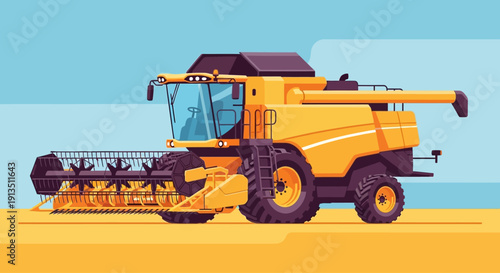 Yellow combine harvester working in a field during harvest season, agricultural machinery