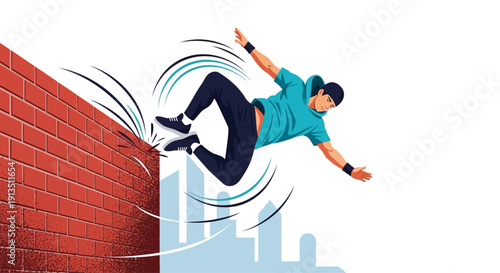 Young man performing parkour jump over a brick wall with cityscape background