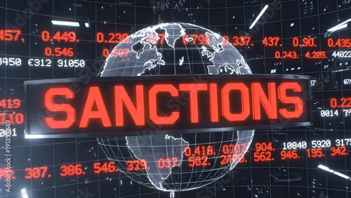 Global Digital Globe with Red Sanctions Overlay and Stock Market Data